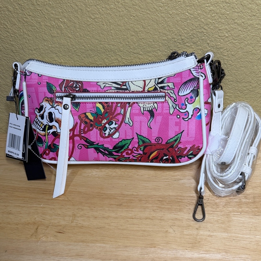 NWT ED HARDY Crossbody Bag Pink Floral & Skull Print